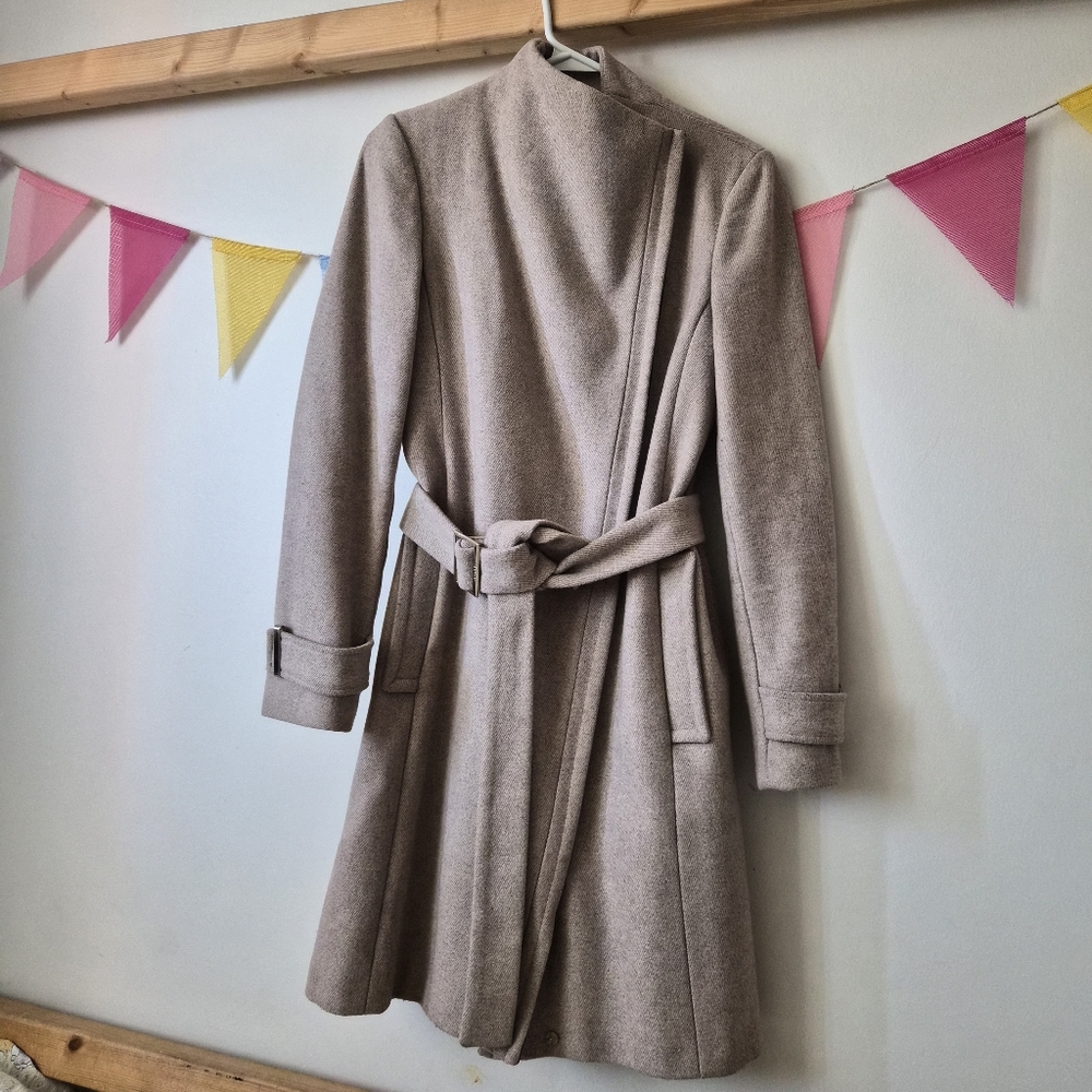 Calvin Klein Wool Blend Belted assymetrical Front Zipper Pea Coat Oatmeal US2